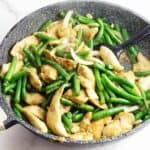 Stir fried chicken tossed with sauteed green beans.