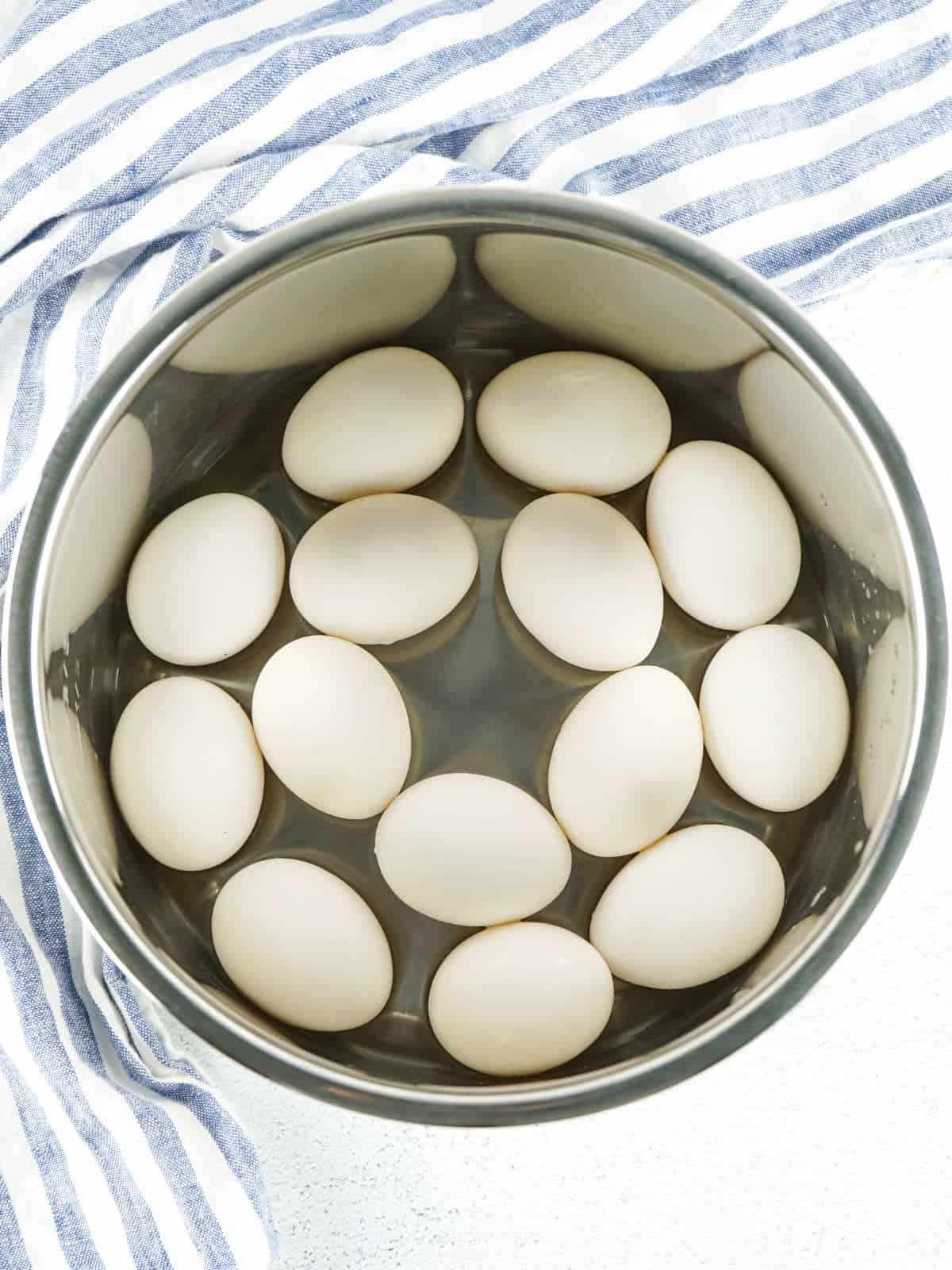 Instant Pot insert pan with a dozen white eggs inside.