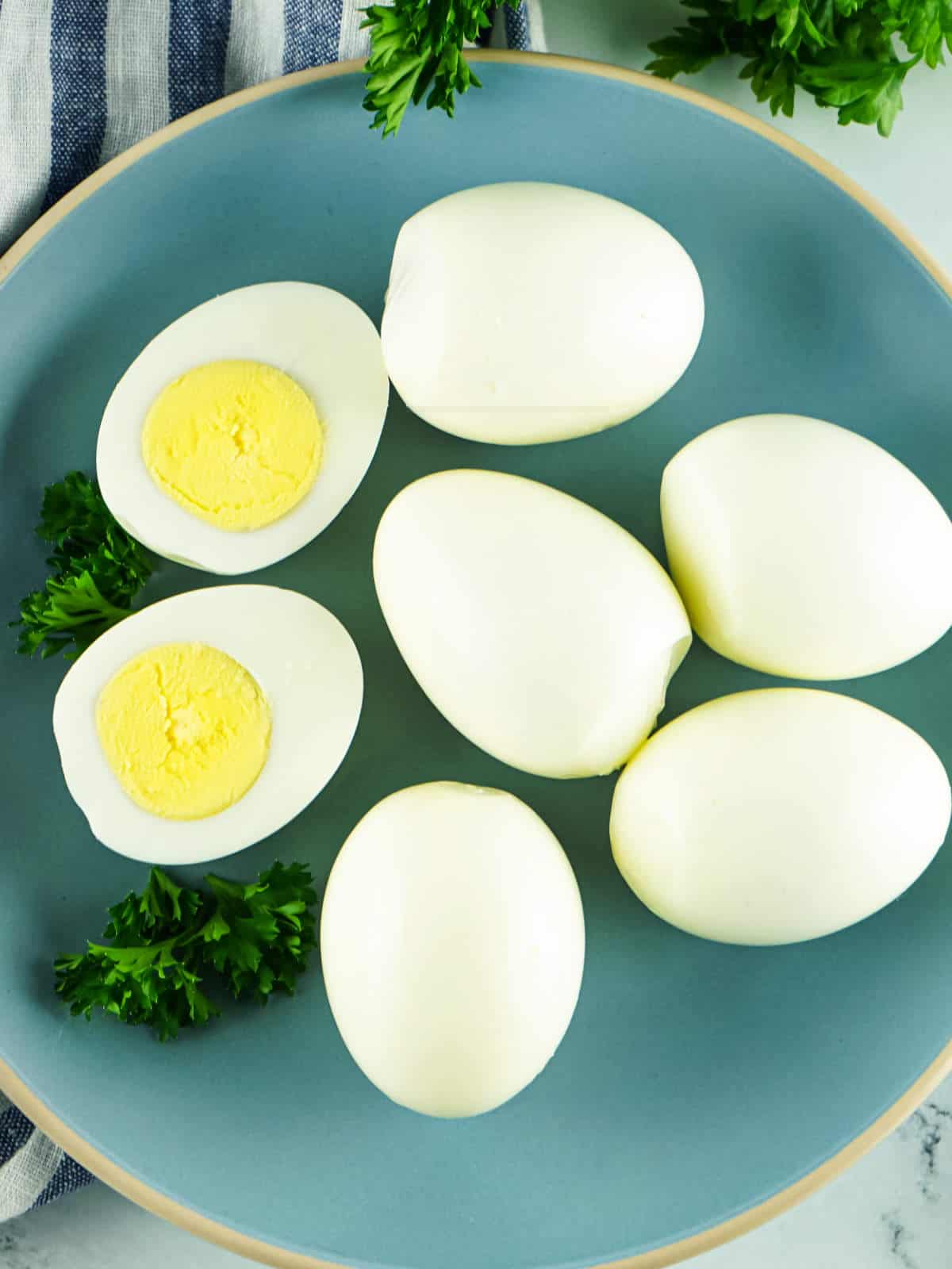 plate of hard boiled eggs.